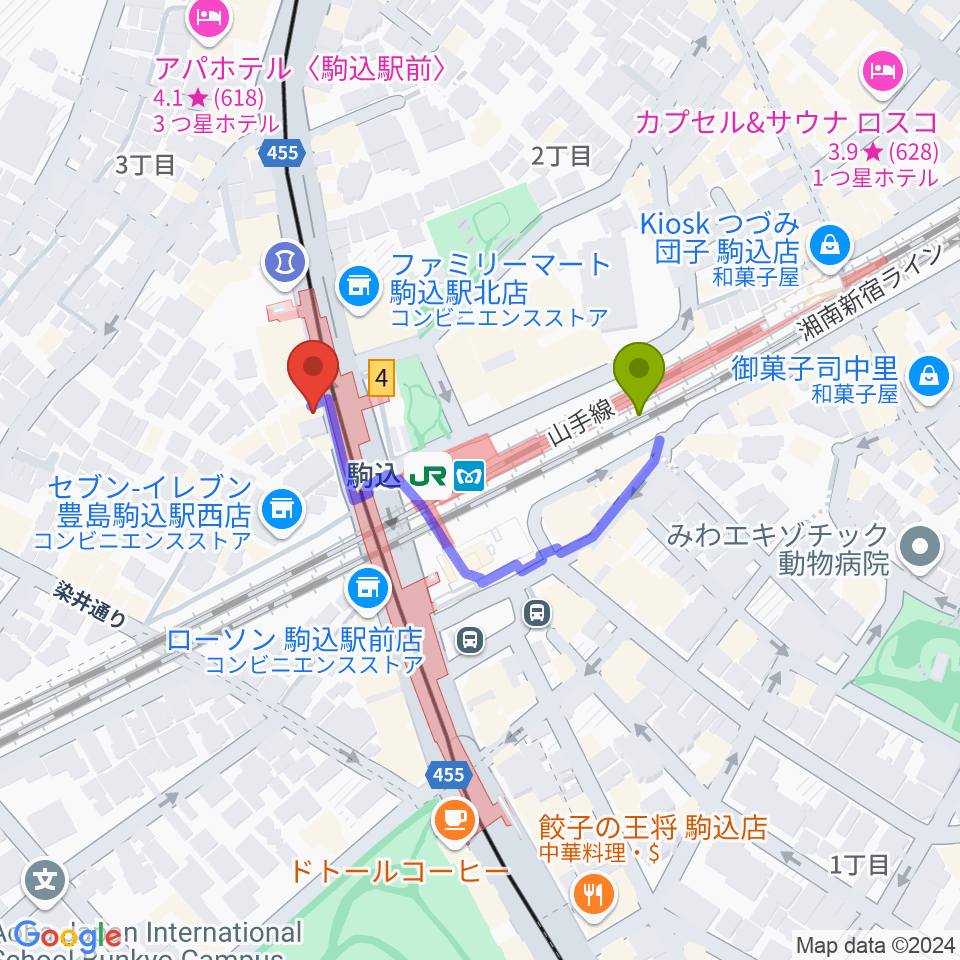 サト・テクノ・ミュージックの最寄駅駒込駅からの徒歩ルート（約3分）地図