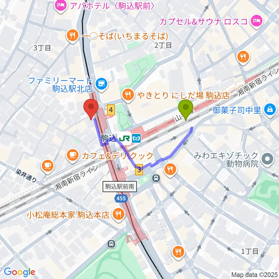 サト・テクノ・ミュージックの最寄駅駒込駅からの徒歩ルート（約3分）地図