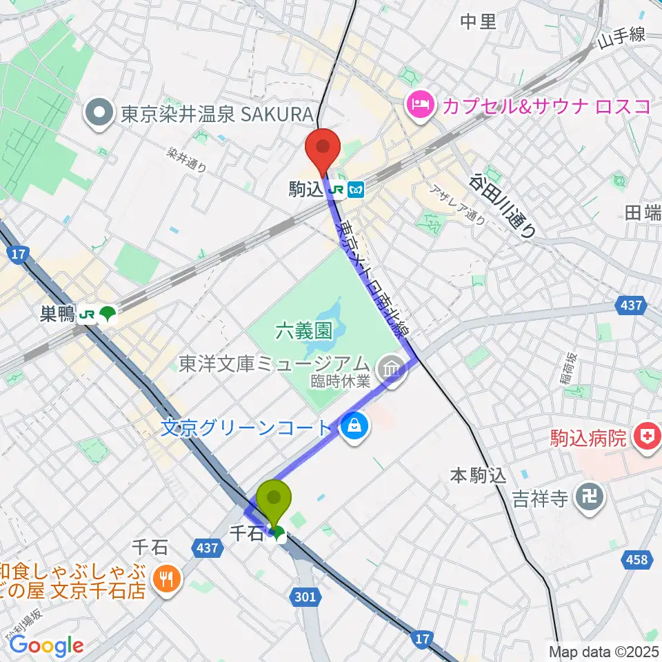 千石駅からサト・テクノ・ミュージックへのルートマップ地図