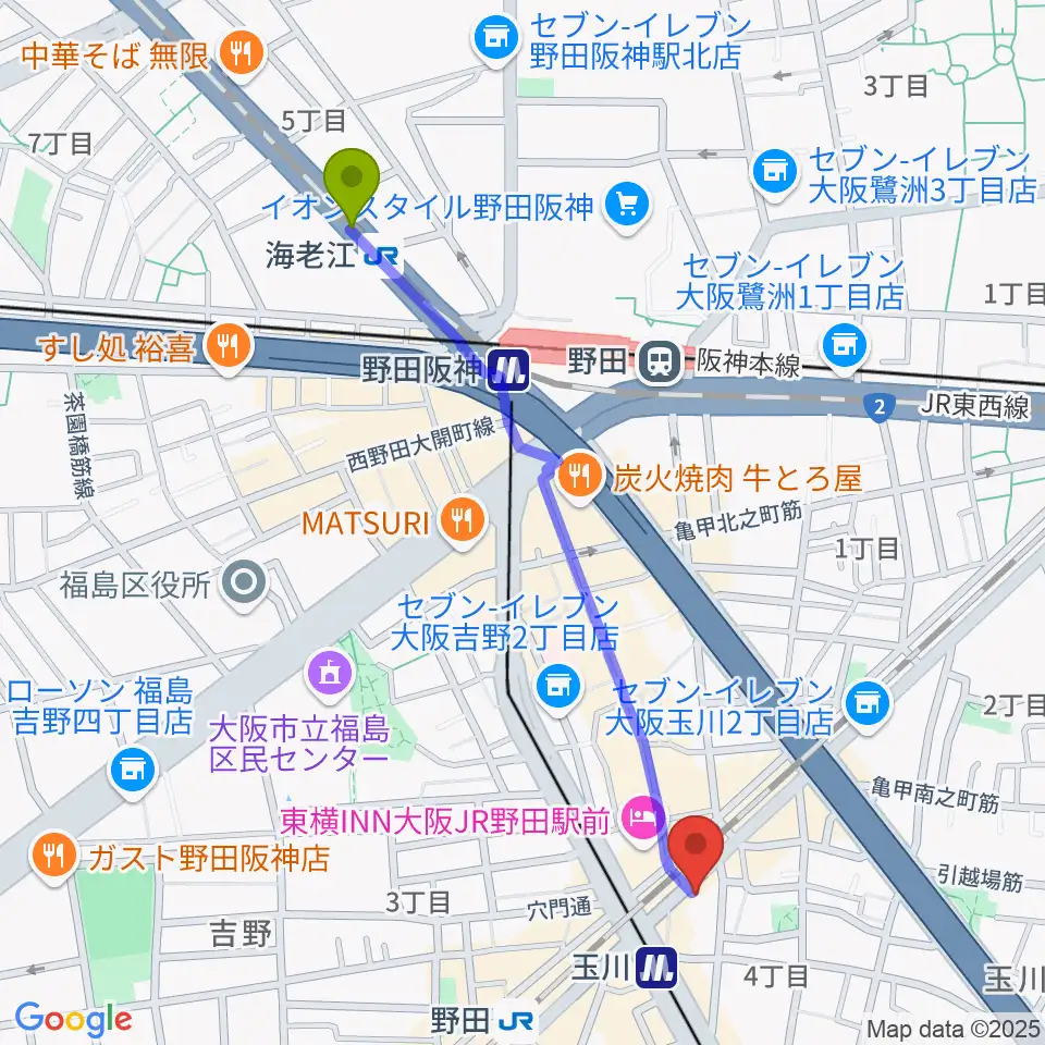 海老江駅から沖縄三線の店 佐々忠へのルートマップ地図