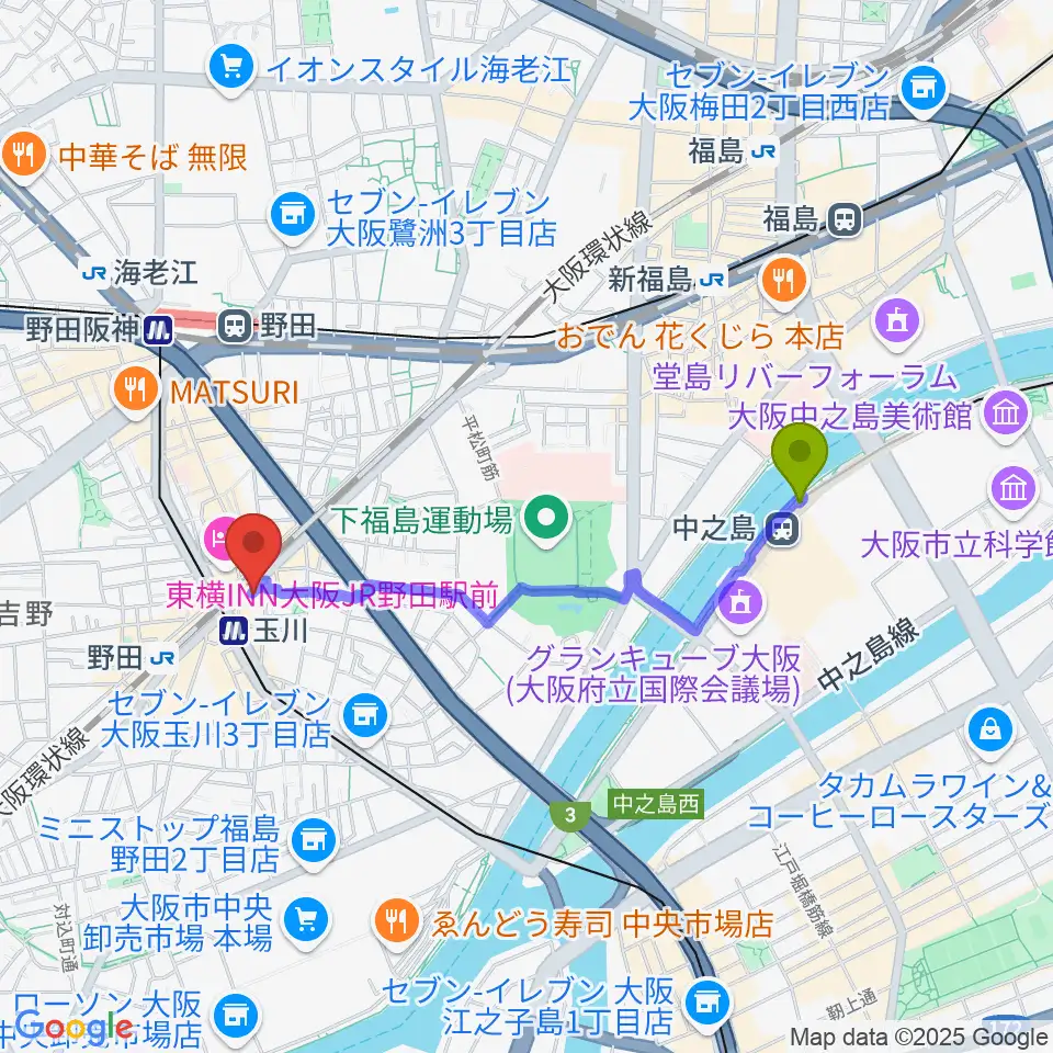 中之島駅から沖縄三線の店 佐々忠へのルートマップ地図