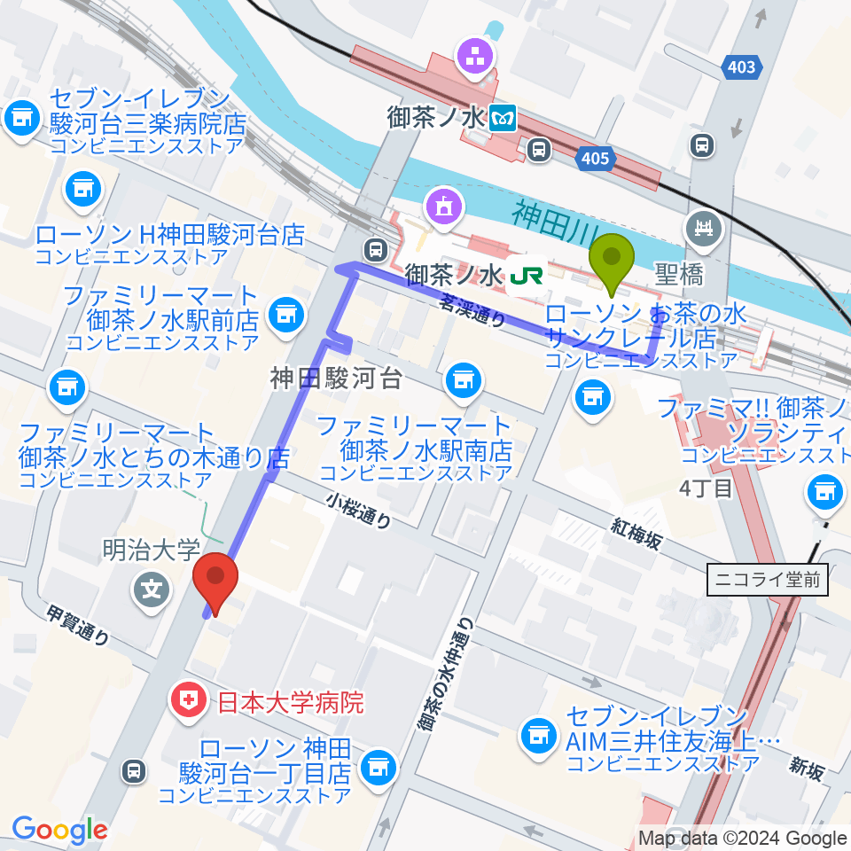 御茶ノ水楽器センターの最寄駅御茶ノ水駅からの徒歩ルート（約5分）地図