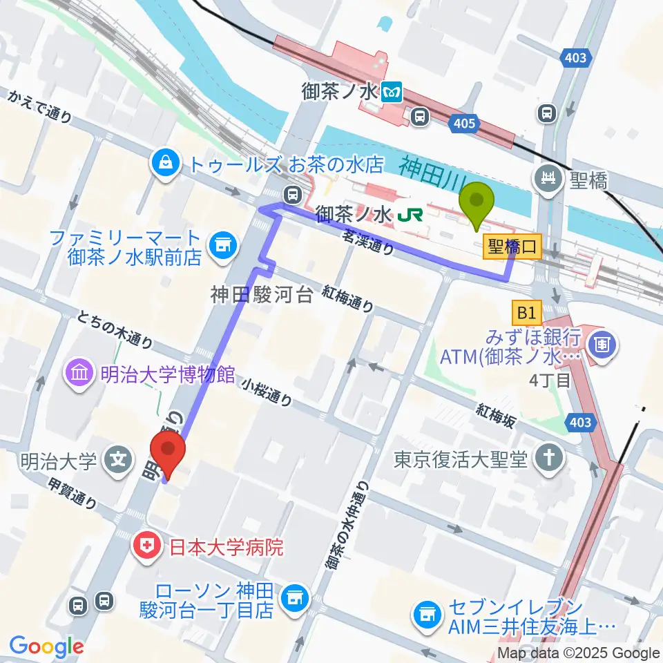 御茶ノ水楽器センターの最寄駅御茶ノ水駅からの徒歩ルート（約5分）地図