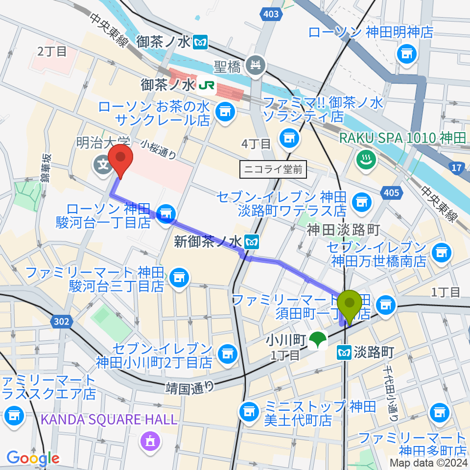 淡路町駅から御茶ノ水楽器センターへのルートマップ地図