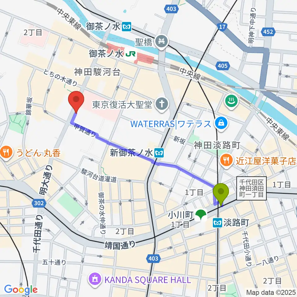 淡路町駅から御茶ノ水楽器センターへのルートマップ地図