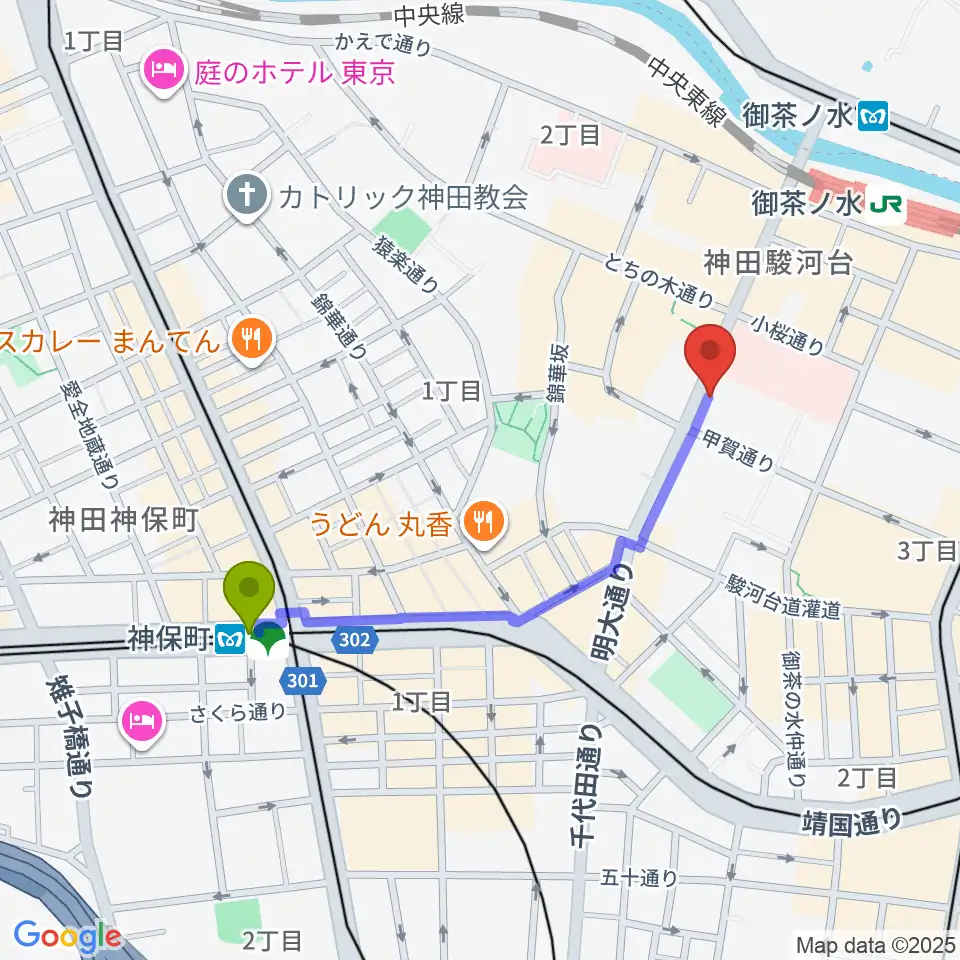 神保町駅から御茶ノ水楽器センターへのルートマップ地図