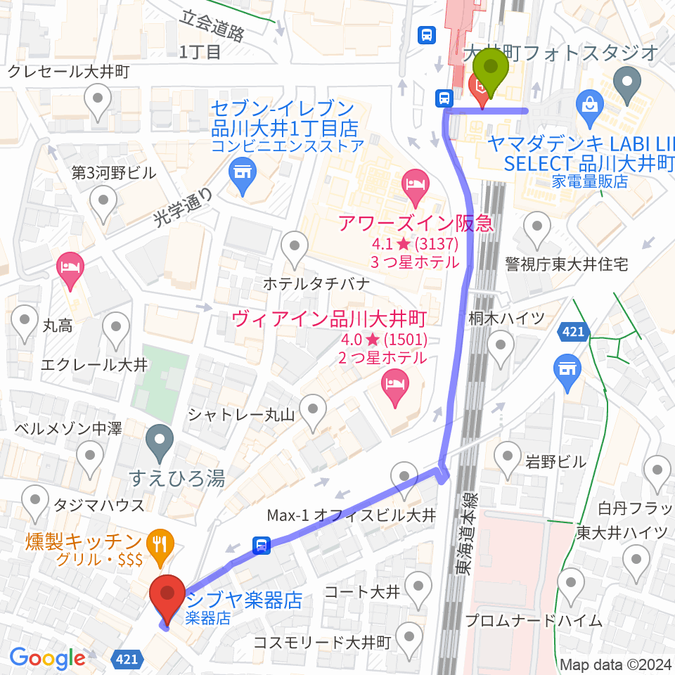 シブヤ楽器店の最寄駅大井町駅からの徒歩ルート（約7分）地図