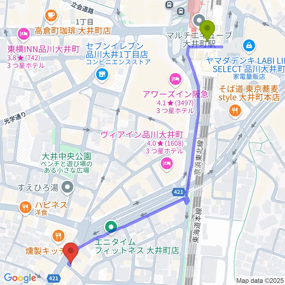 シブヤ楽器店の最寄駅大井町駅からの徒歩ルート（約7分）地図