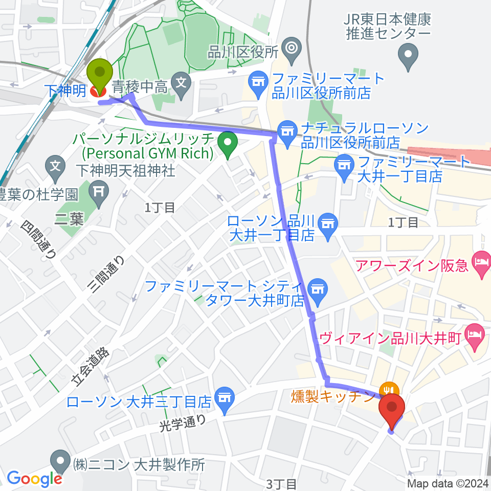 下神明駅からシブヤ楽器店へのルートマップ地図