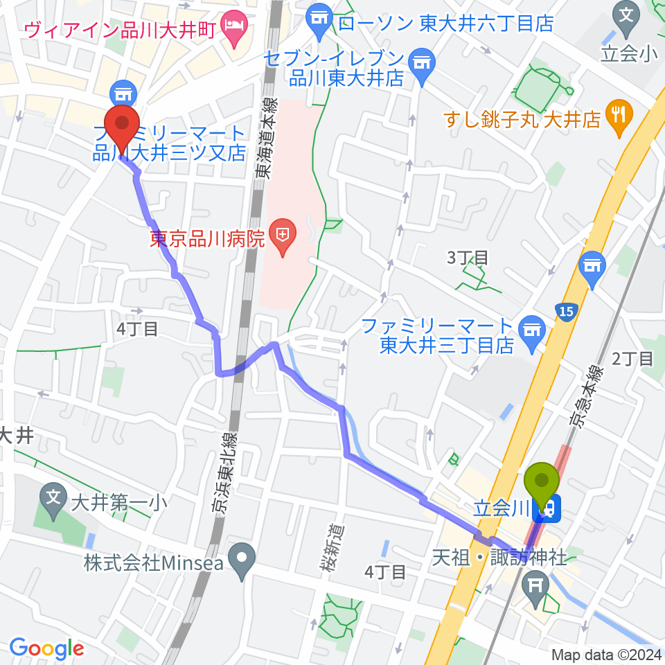 立会川駅からシブヤ楽器店へのルートマップ地図