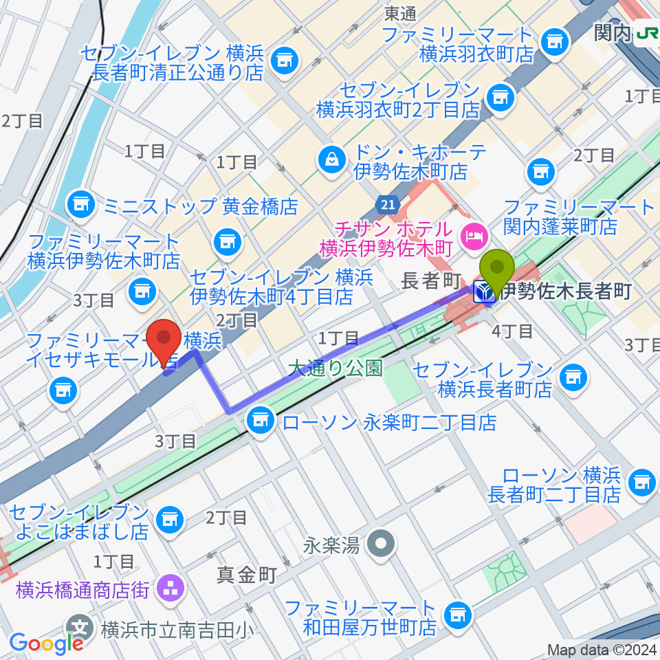 伊勢佐木長者町駅から琴・三味線 志づか堂へのルートマップ地図