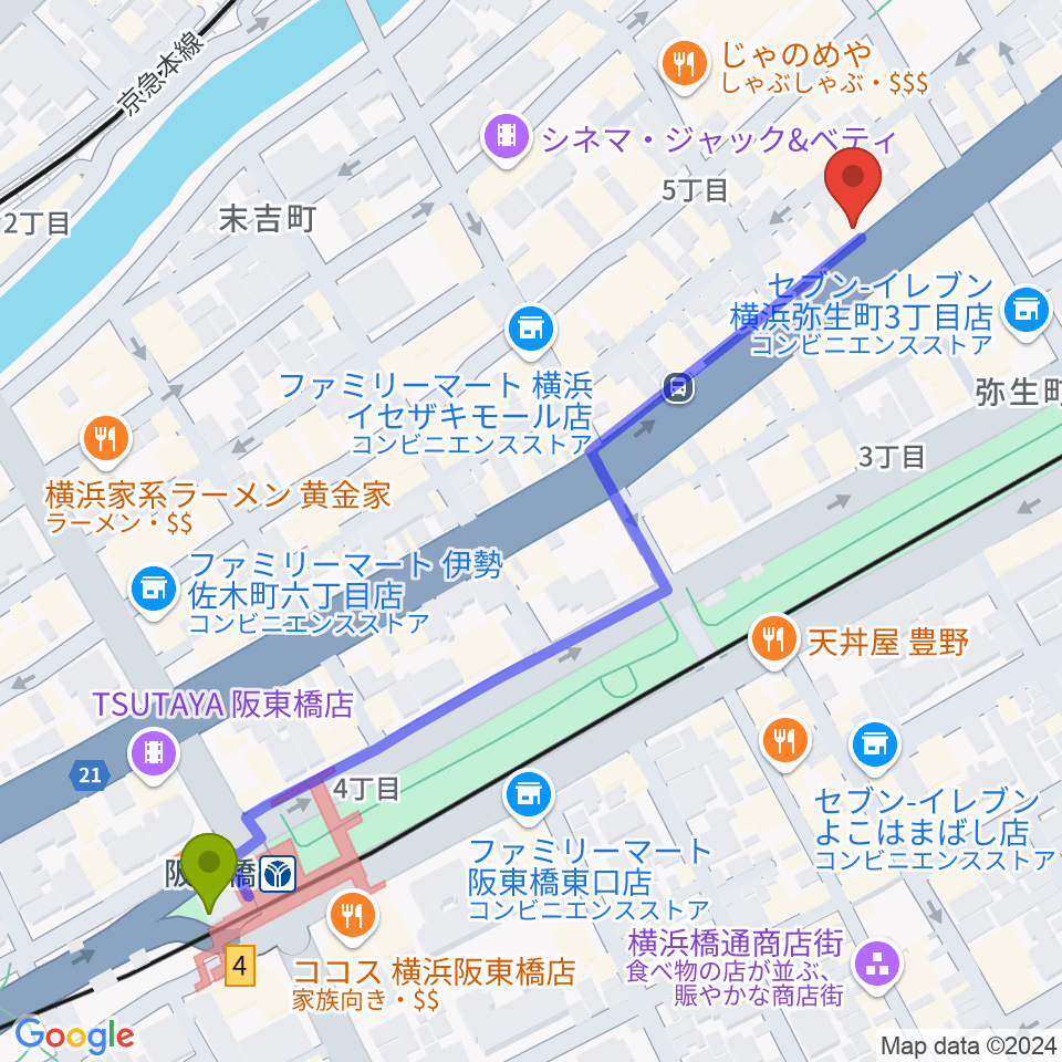 琴・三味線 志づか堂の最寄駅阪東橋駅からの徒歩ルート（約7分）地図