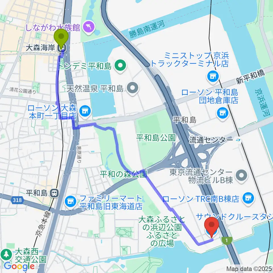 大森海岸駅から株式会社サウンドクルーへのルートマップ地図