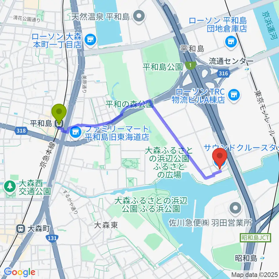 平和島駅から株式会社サウンドクルーへのルートマップ地図