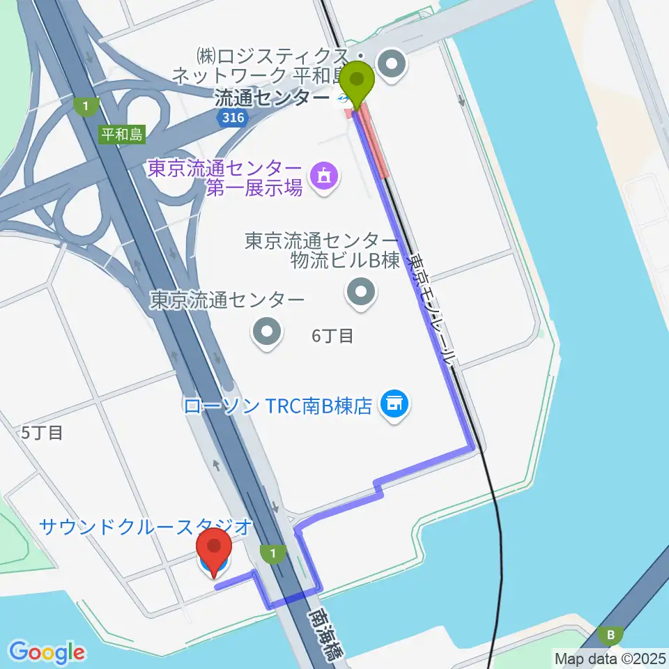 流通センター駅から株式会社サウンドクルーへのルートマップ地図