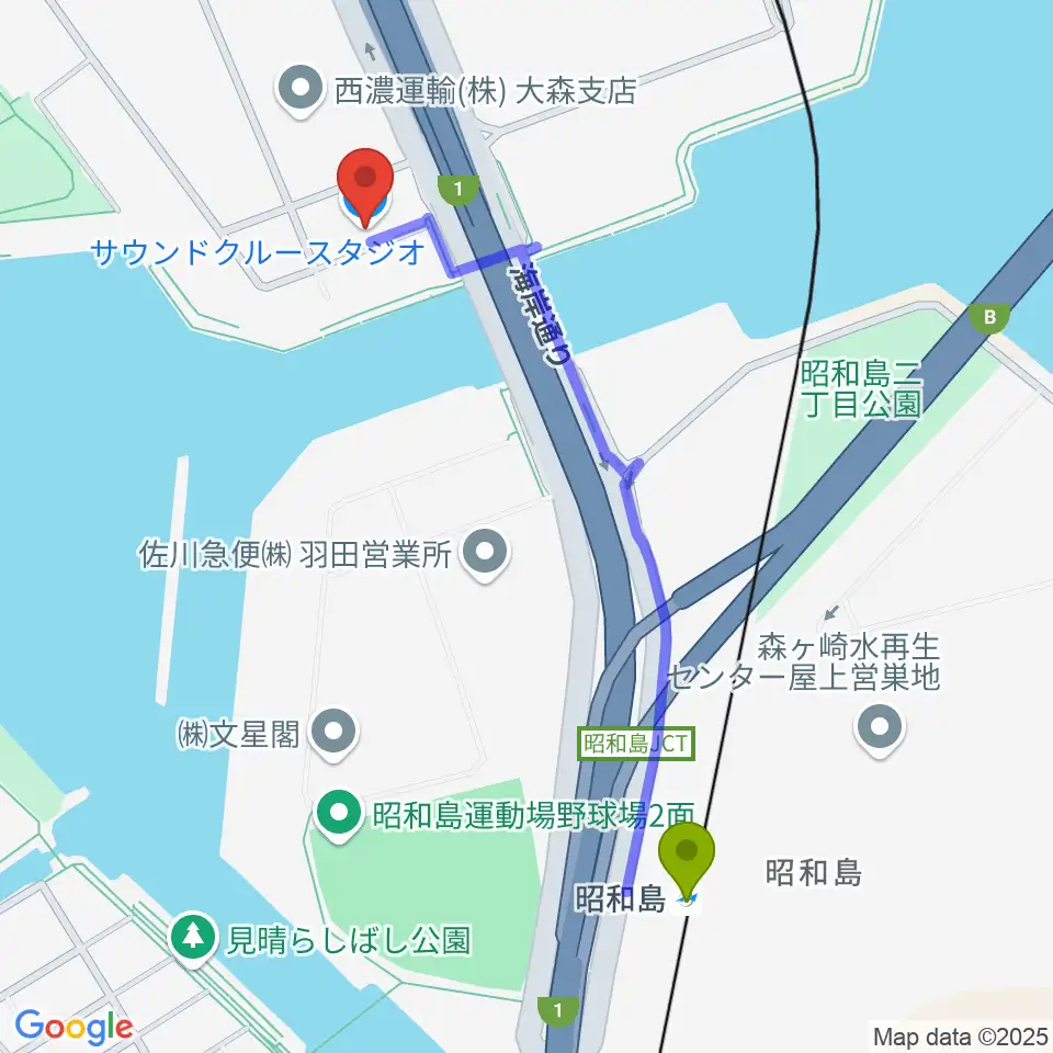 株式会社サウンドクルーの最寄駅昭和島駅からの徒歩ルート（約11分）地図