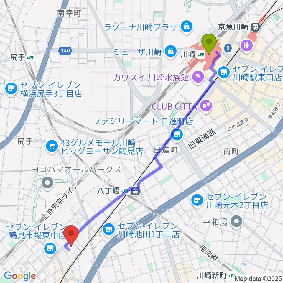 川崎駅から弦楽器ストラッドへのルートマップ地図