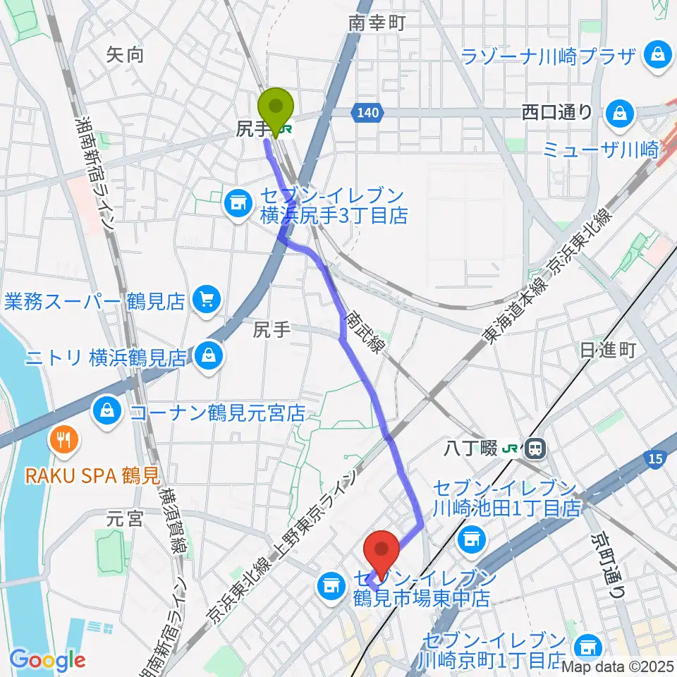 尻手駅から弦楽器ストラッドへのルートマップ地図