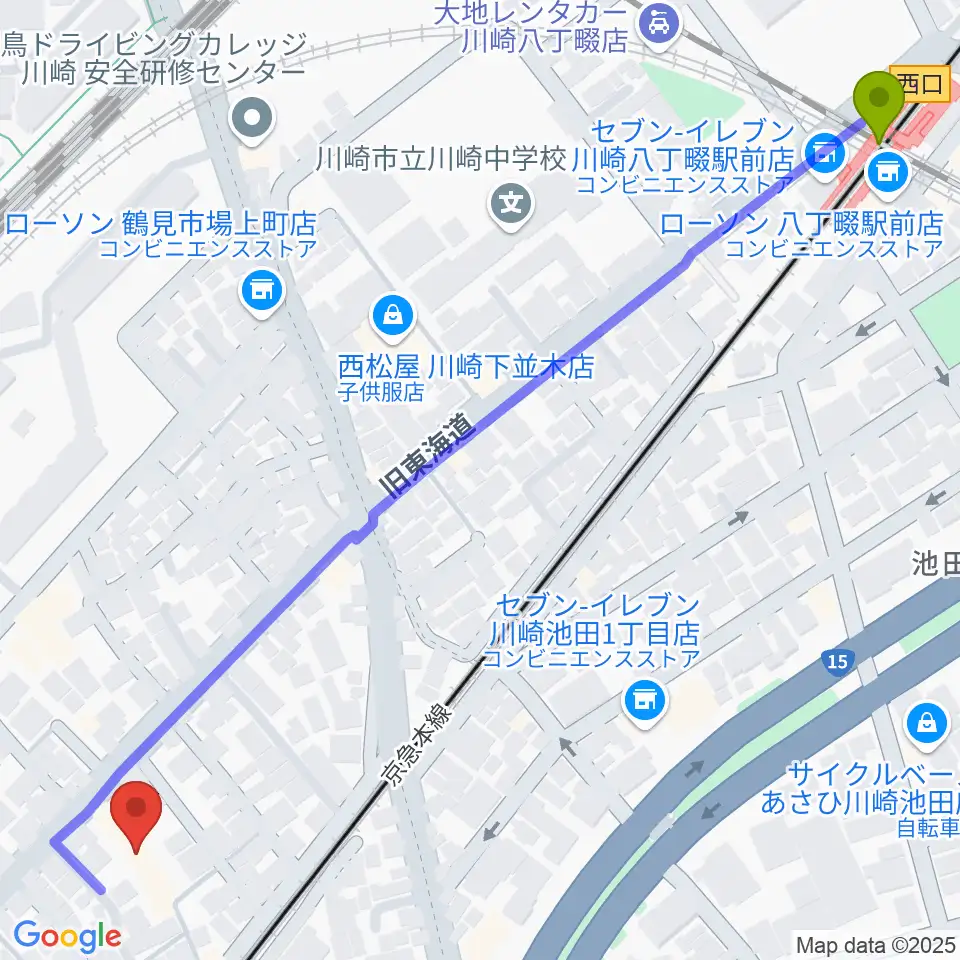 八丁畷駅から弦楽器ストラッドへのルートマップ地図