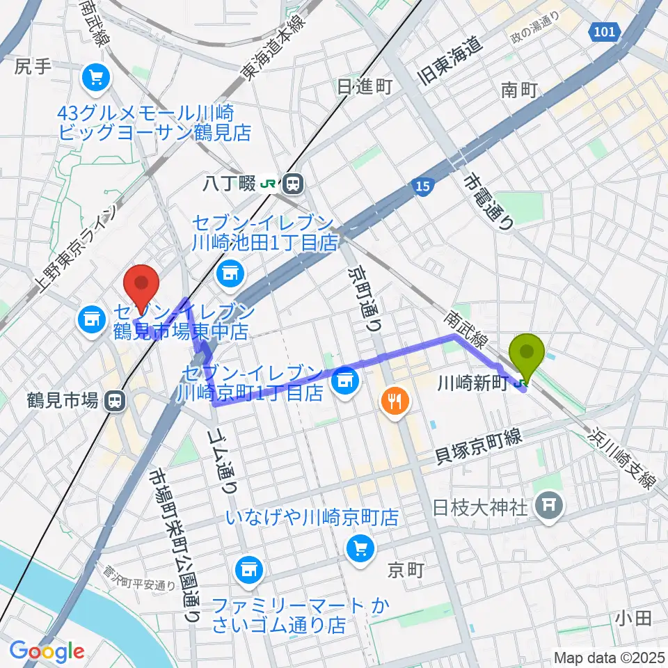 川崎新町駅から弦楽器ストラッドへのルートマップ地図