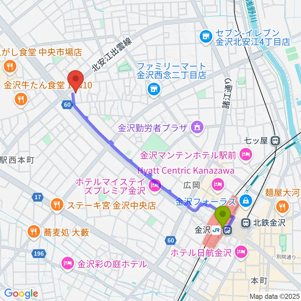 金沢駅からストラディ金沢へのルートマップ地図