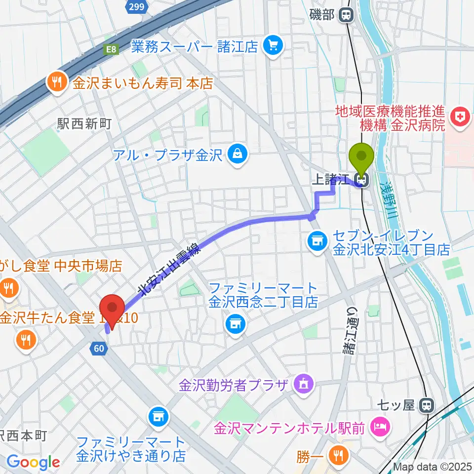 ストラディ金沢の最寄駅上諸江駅からの徒歩ルート（約19分）地図