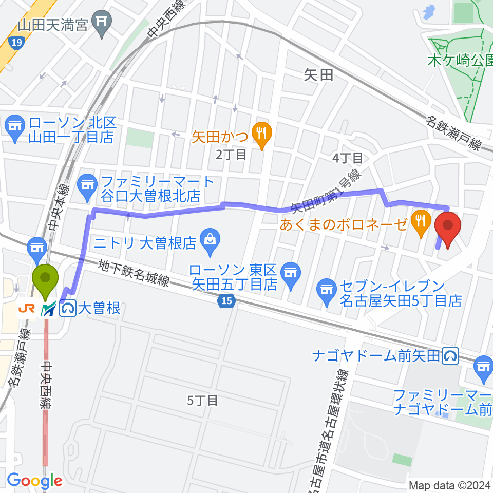 大曽根駅から杉藤楽弓社へのルートマップ地図