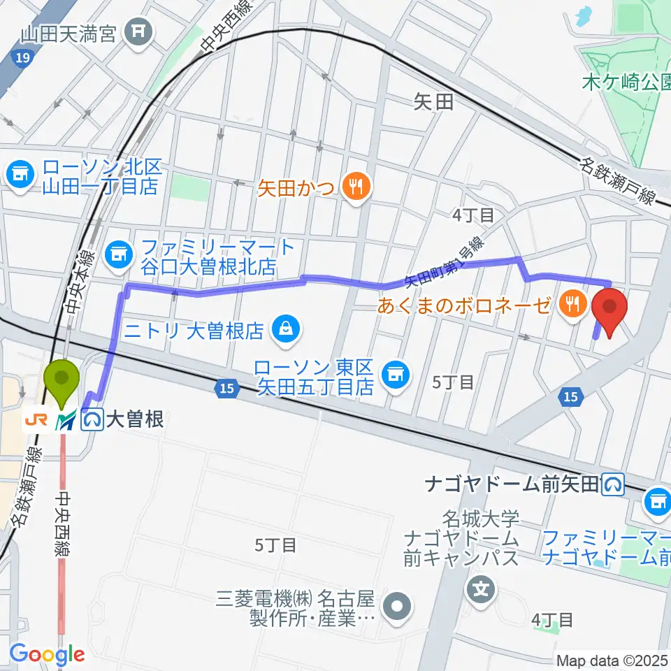 大曽根駅から杉藤楽弓社へのルートマップ地図