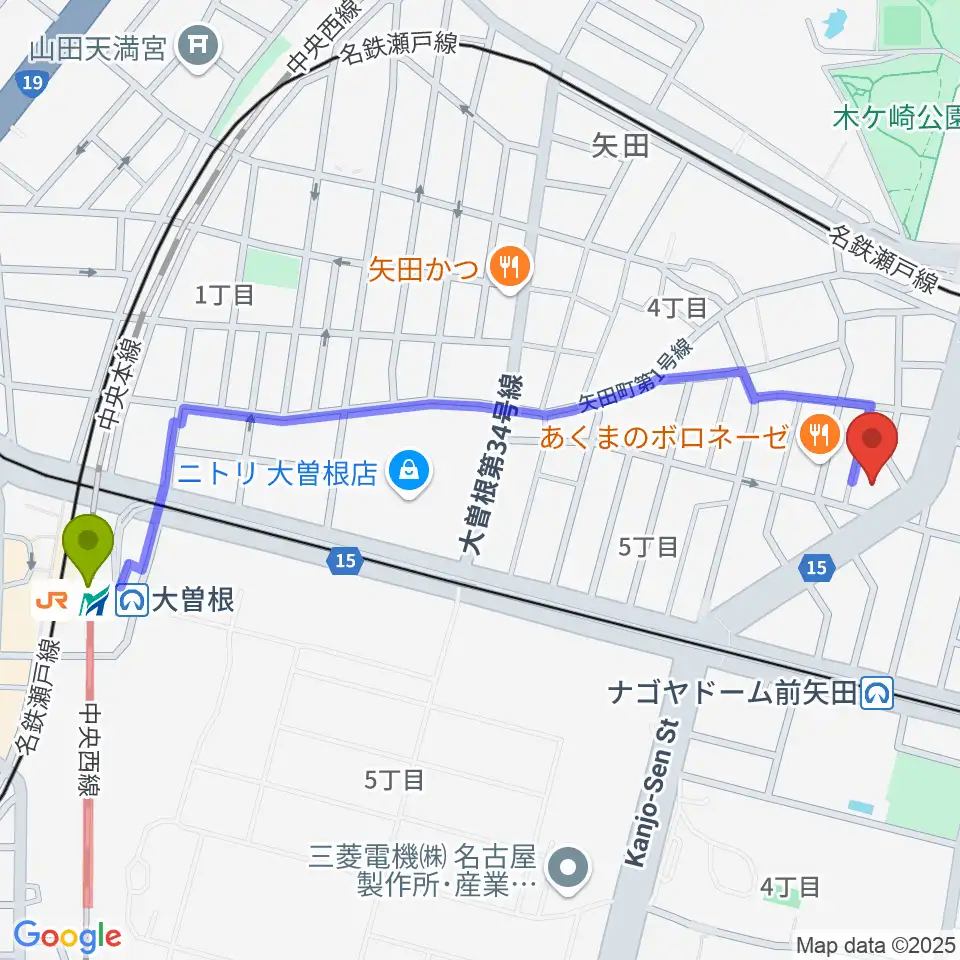 大曽根駅から杉藤楽弓社へのルートマップ地図