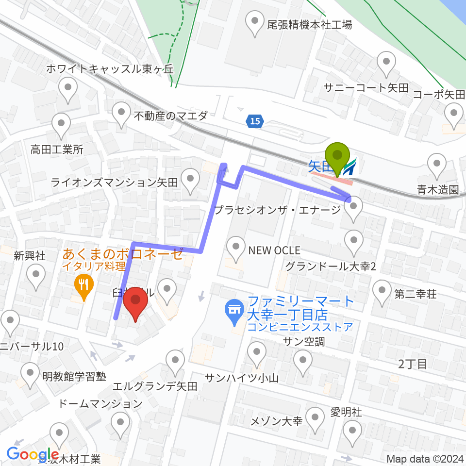 矢田駅から杉藤楽弓社へのルートマップ地図