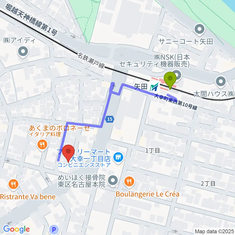 矢田駅から杉藤楽弓社へのルートマップ地図