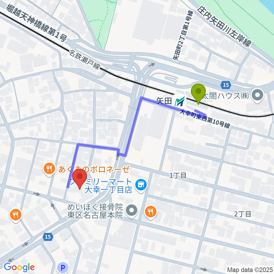 矢田駅から杉藤楽弓社へのルートマップ地図