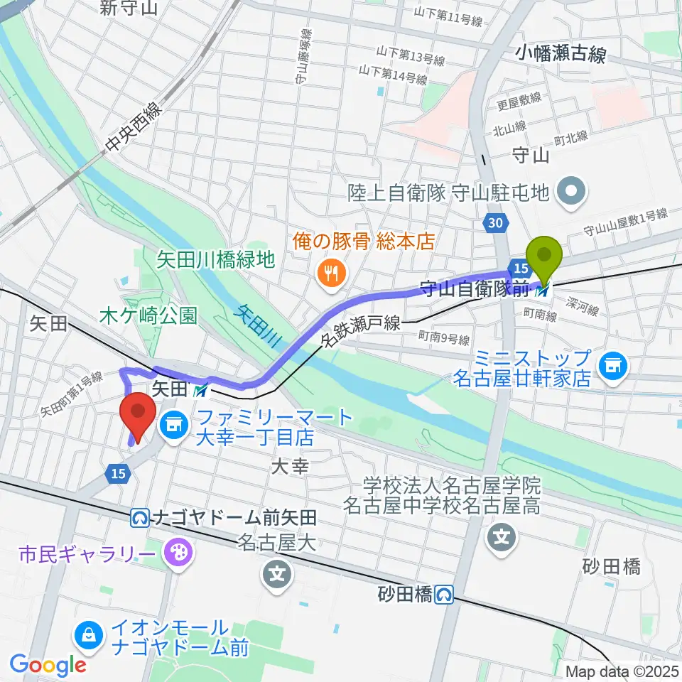 守山自衛隊前駅から杉藤楽弓社へのルートマップ地図