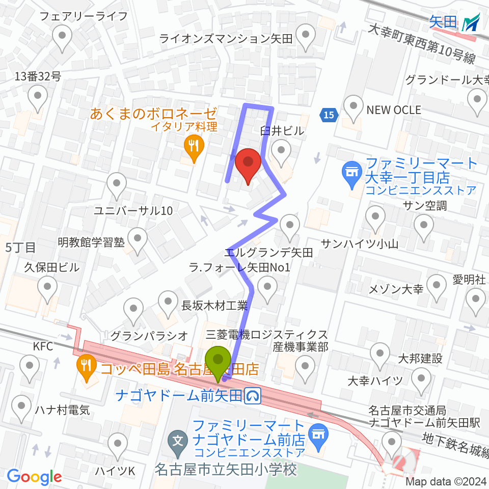 杉藤楽弓社の最寄駅ナゴヤドーム前矢田駅からの徒歩ルート（約3分）地図