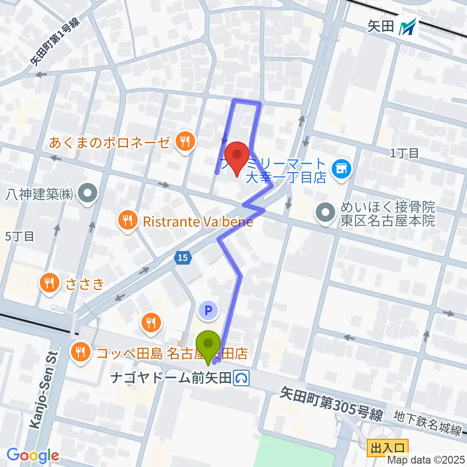 杉藤楽弓社の最寄駅ナゴヤドーム前矢田駅からの徒歩ルート（約3分）地図