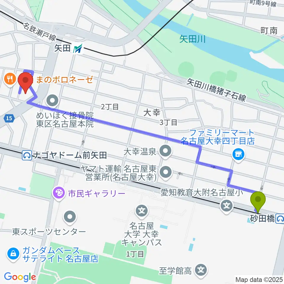 砂田橋駅から杉藤楽弓社へのルートマップ地図