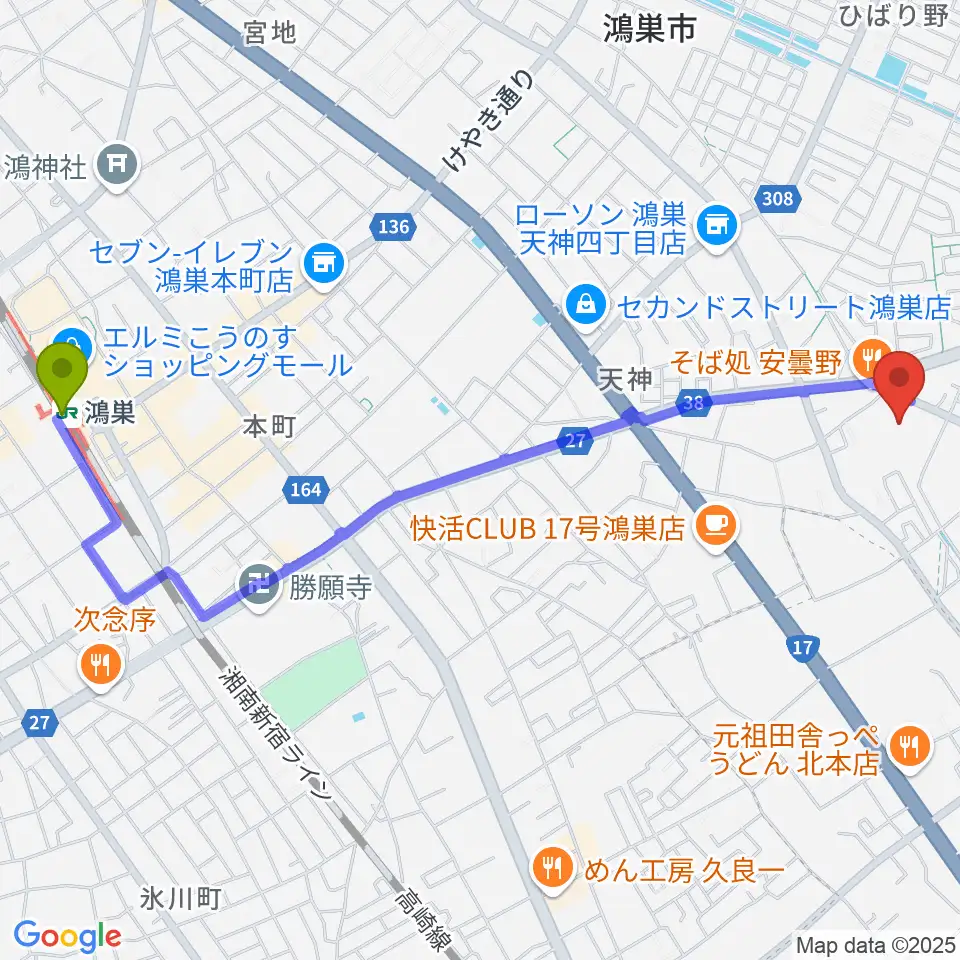 諏訪工芸の最寄駅鴻巣駅からの徒歩ルート（約27分）地図
