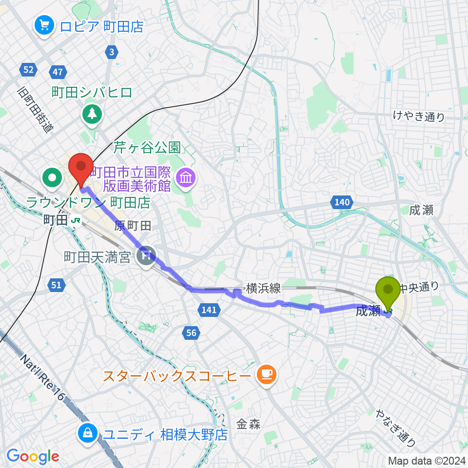 成瀬駅から鈴木楽器本店へのルートマップ地図