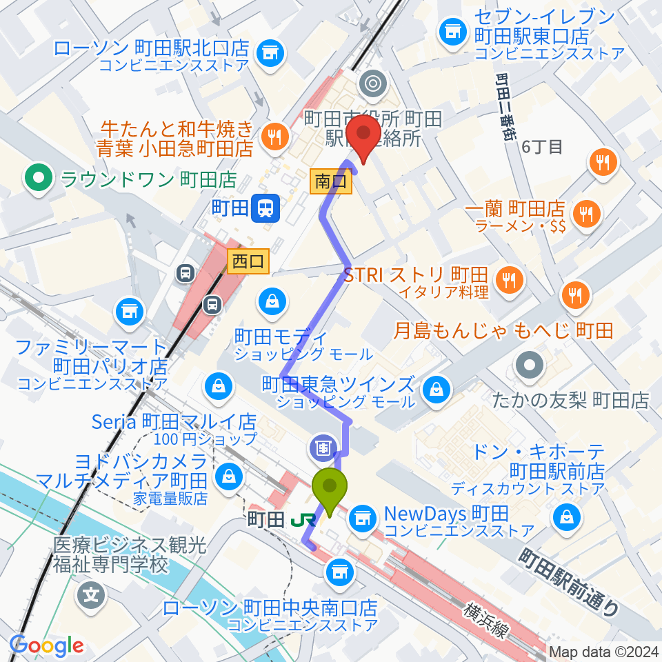 鈴木楽器本店の最寄駅町田駅からの徒歩ルート（約4分）地図