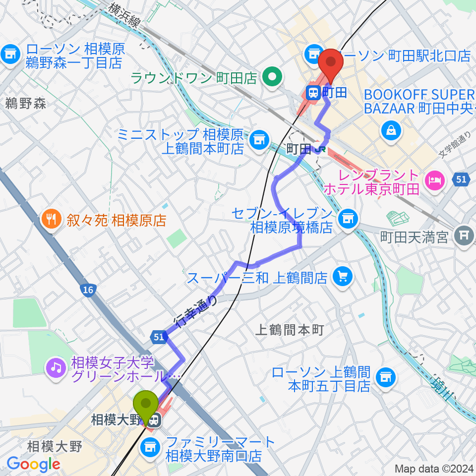 相模大野駅から鈴木楽器本店へのルートマップ地図