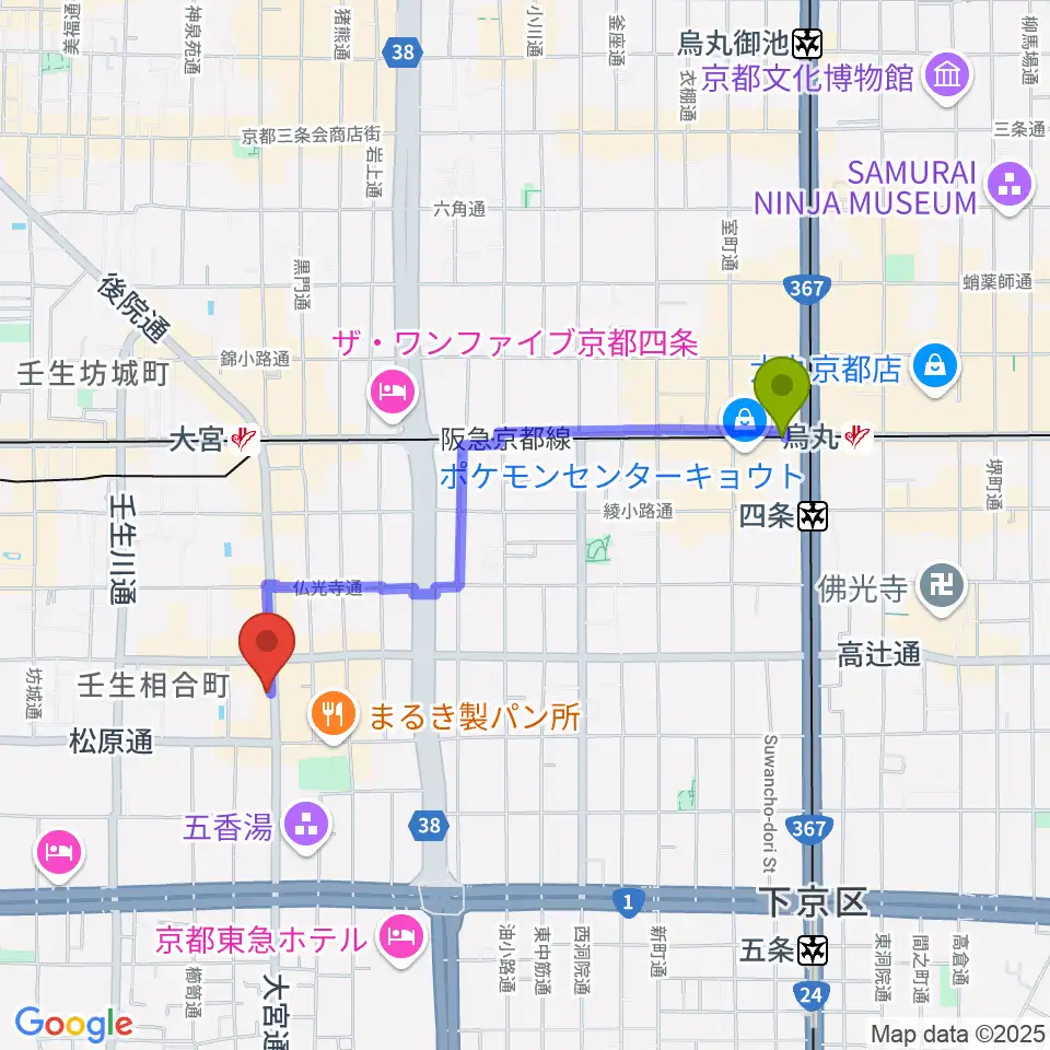 烏丸駅から太鼓センター TAIKO-LAB京都へのルートマップ地図