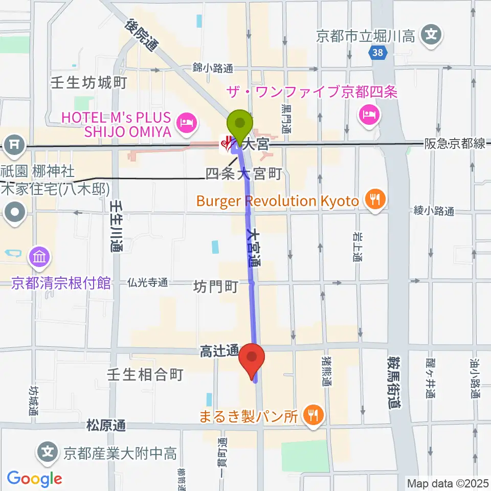 太鼓センター TAIKO-LAB京都の最寄駅大宮駅からの徒歩ルート（約7分）地図