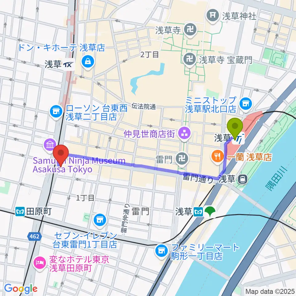 浅草駅から岡田屋布施へのルートマップ地図