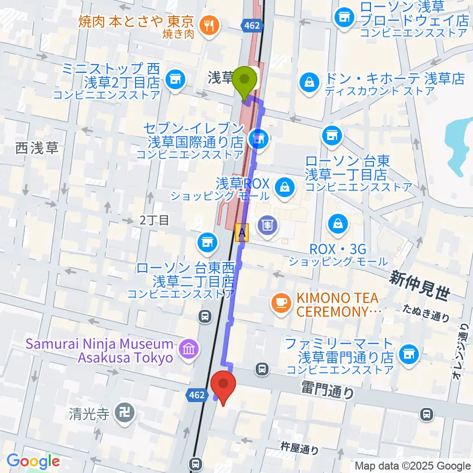 浅草駅から岡田屋布施へのルートマップ地図