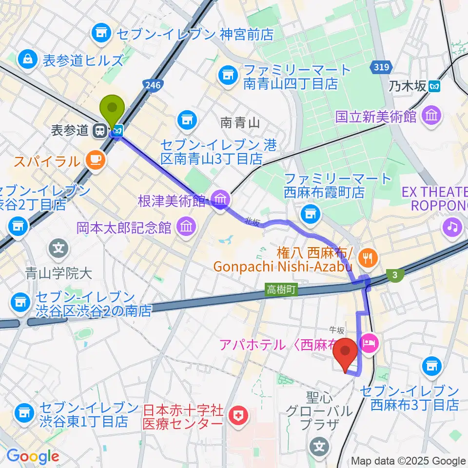 表参道駅から高田ハープサロンへのルートマップ地図
