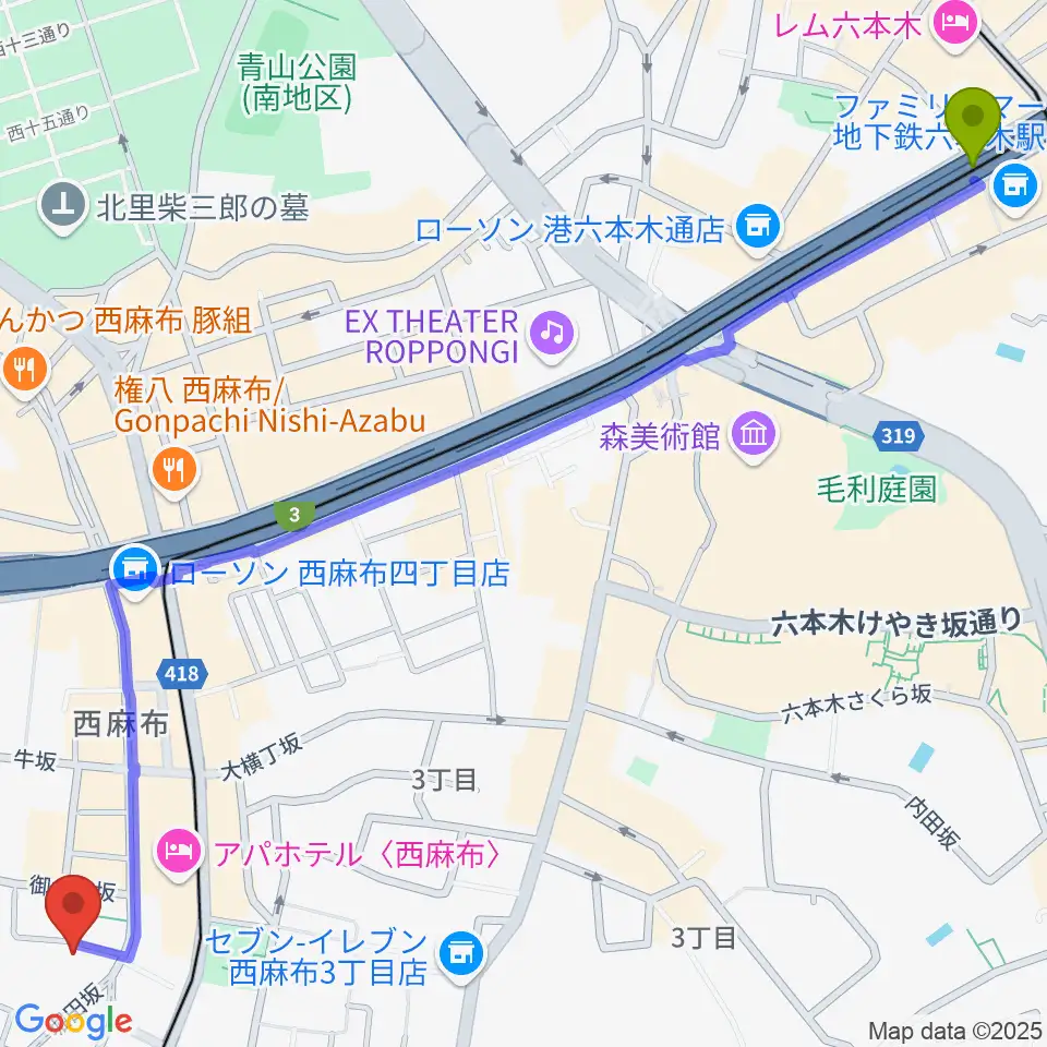 六本木駅から高田ハープサロンへのルートマップ地図