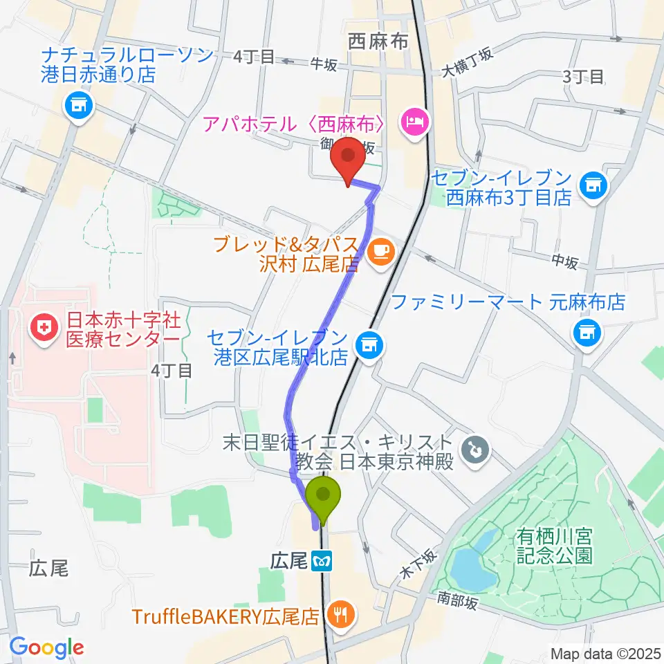 高田ハープサロンの最寄駅広尾駅からの徒歩ルート（約8分）地図