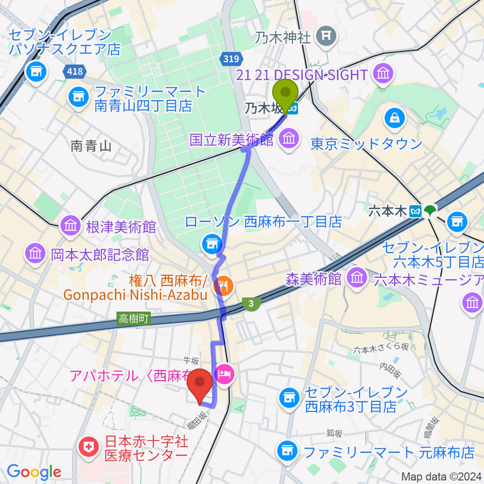 乃木坂駅から高田ハープサロンへのルートマップ地図