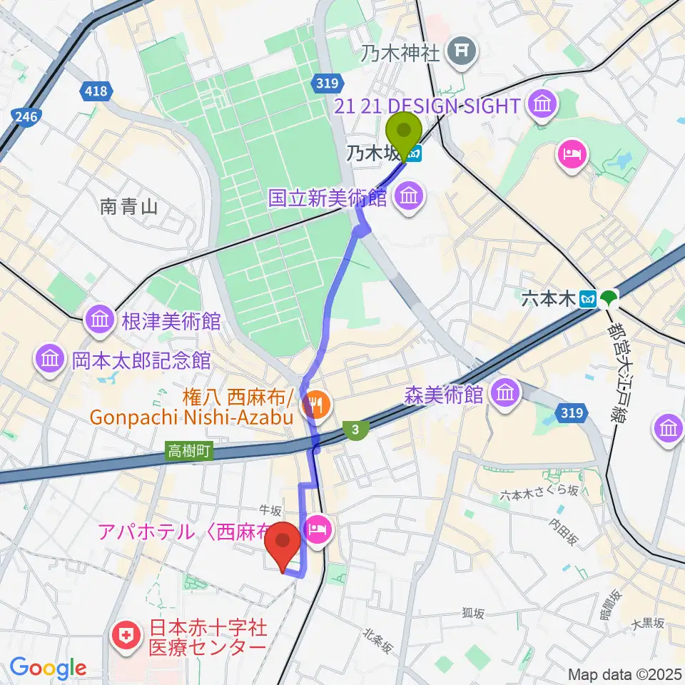 乃木坂駅から高田ハープサロンへのルートマップ地図
