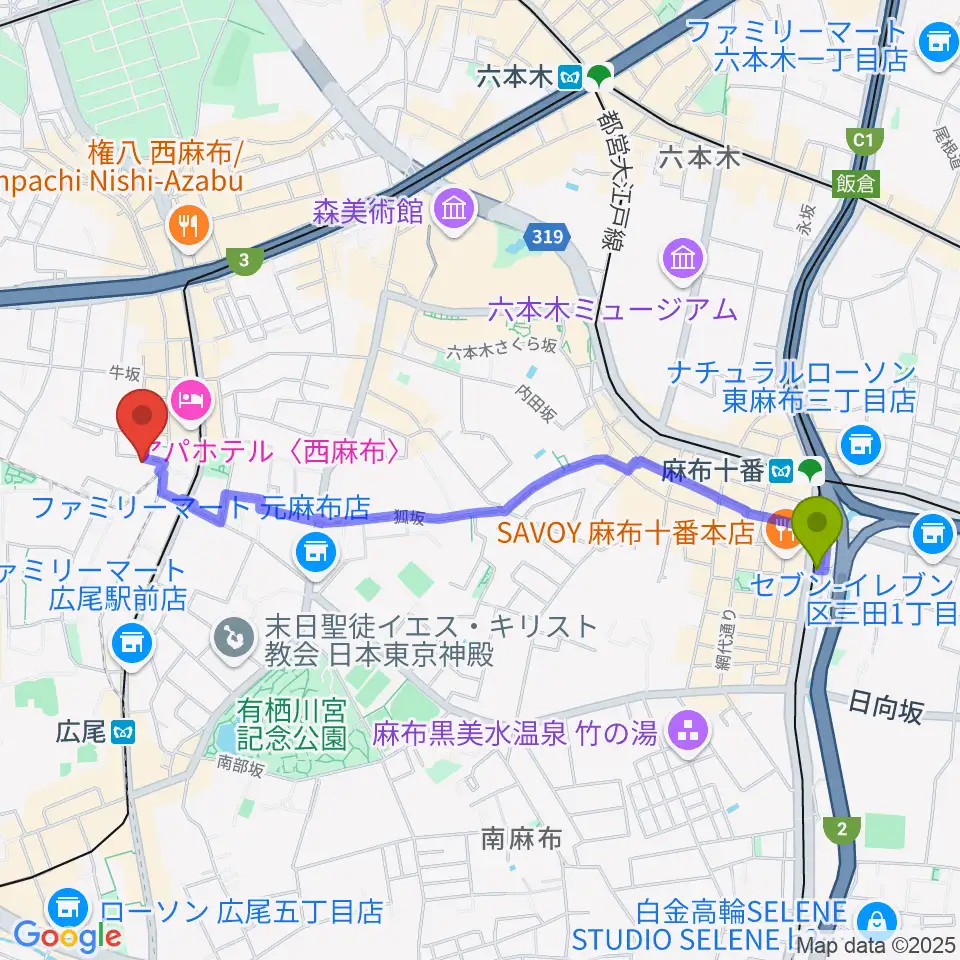 麻布十番駅から高田ハープサロンへのルートマップ地図
